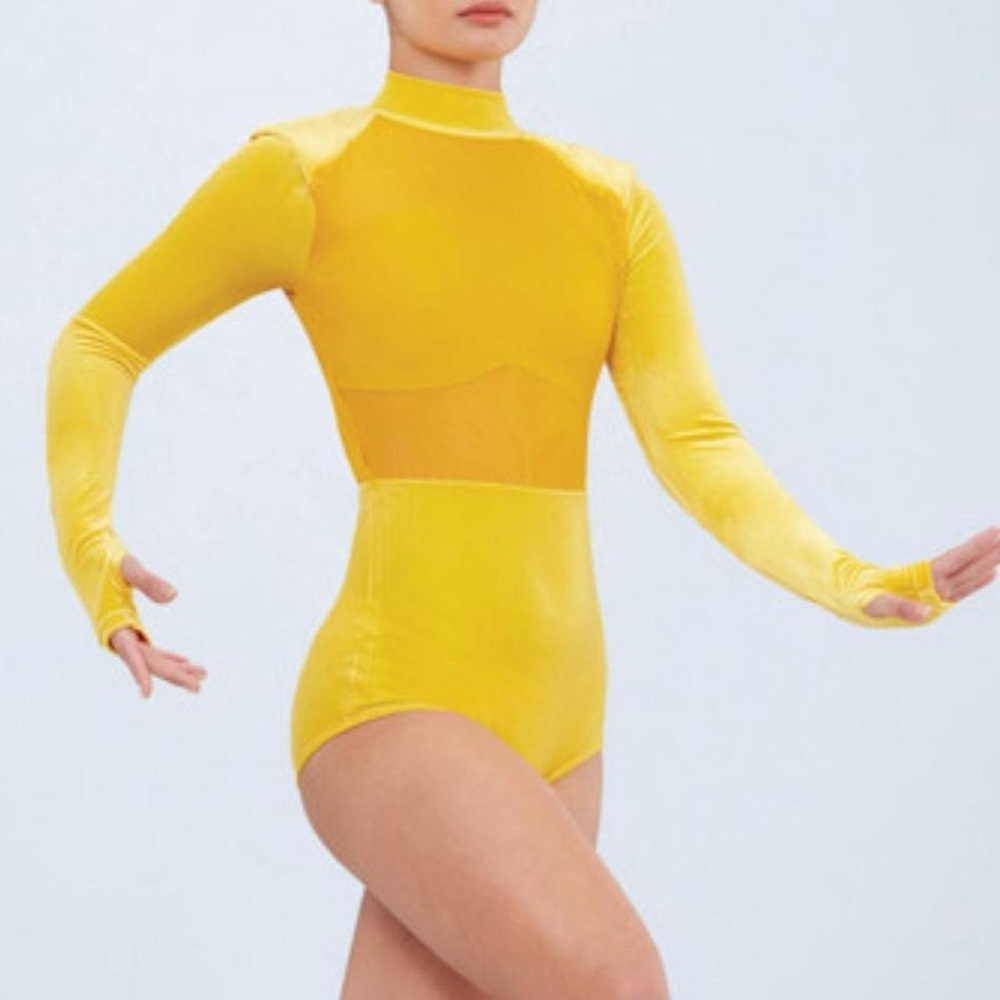 NWOT Weissman Elite 16396 Plastic Hearts Yellow Velvet/Mesh Leotard, Size XSA.